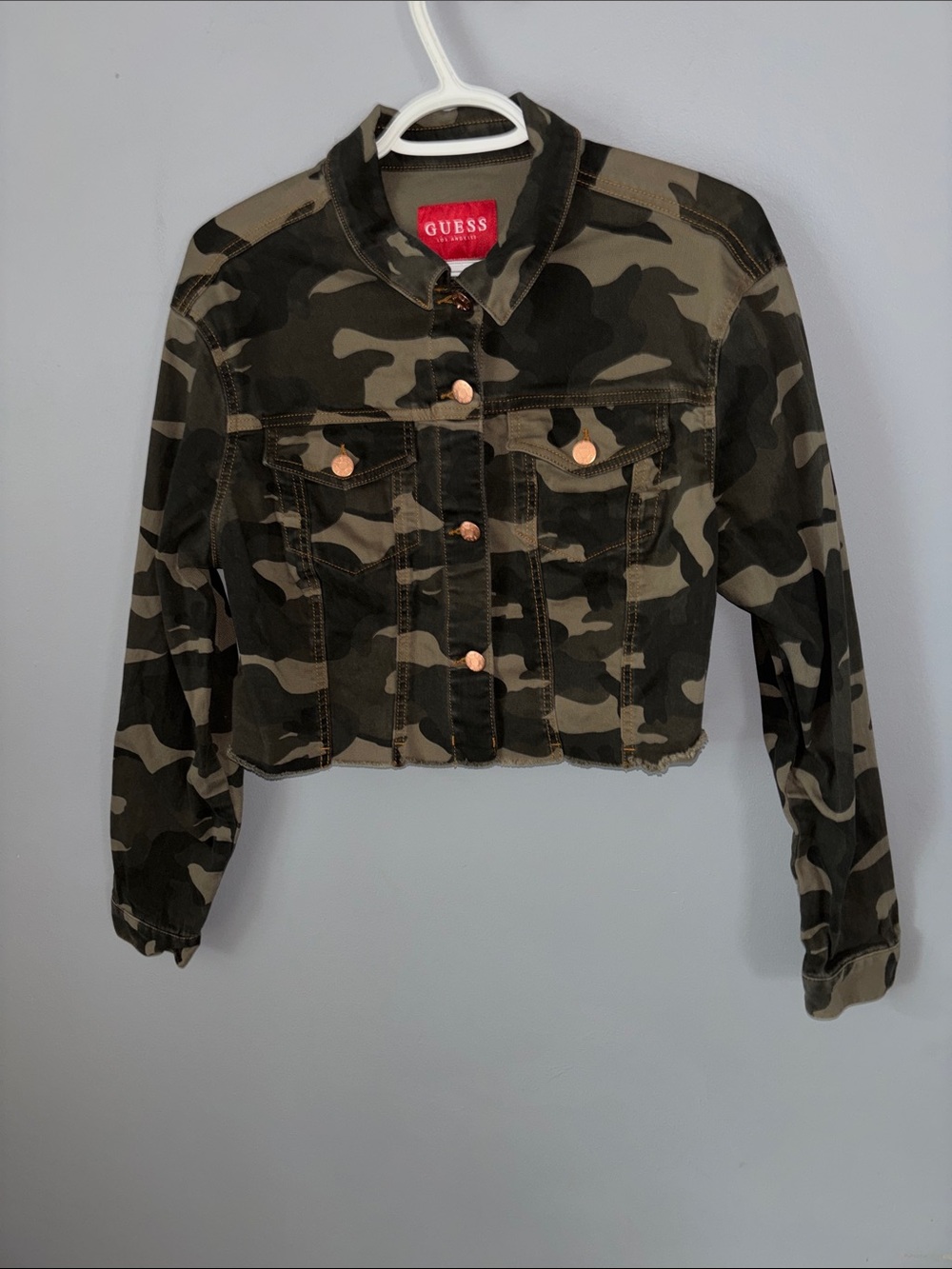 GUESS Camo Cropped Denim Jacket in Olive and Black
